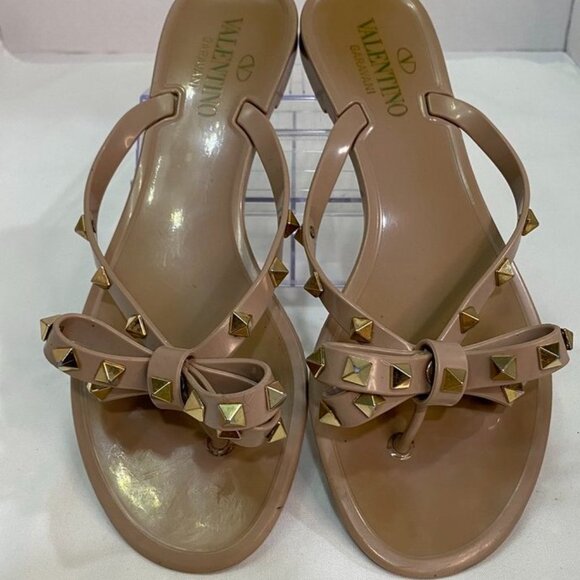 Valentino Garavani Rockstud Bow Jelly Thong Flip Flop Sandals Nude Beige 39 - Picture 6 of 15